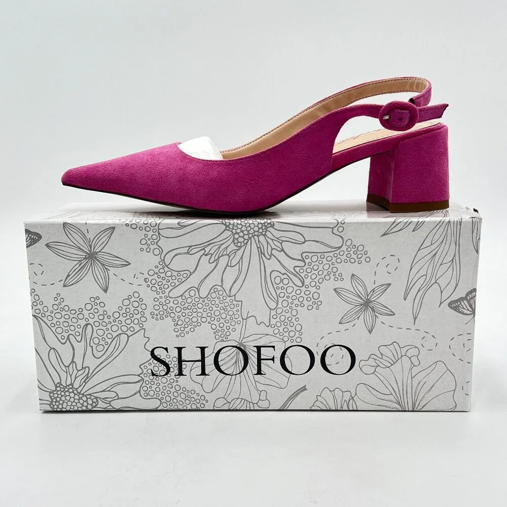 Pink Suede Retro Pointed Toe Slingback Sandals Comfortable Low Block Heel Pump E